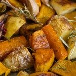 Delicious rustic baked vegetables with fresh rosemary