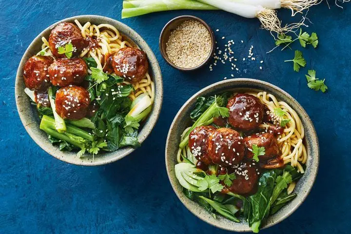 Sticky Barbecue Meatballs with Asian Greens