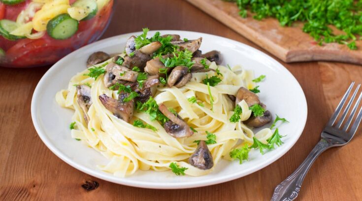 Creamy Fettuccine with Brussels Sprouts & Mushrooms