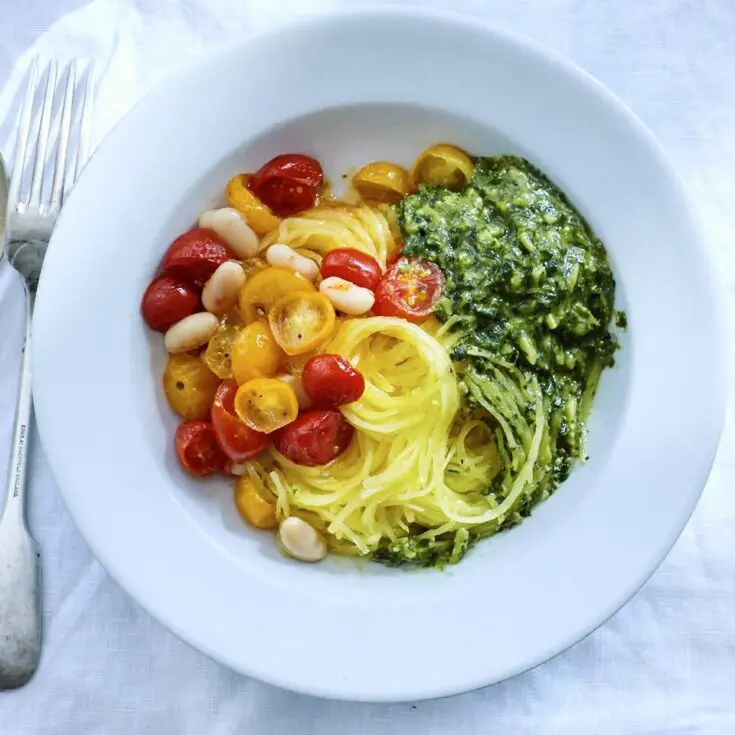 Spaghetti Squash with Roasted Tomatoes, Beans & Almond Pesto