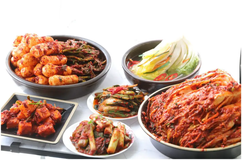 Kimchi is a Korean side dish made by fermenting salted vegetables.