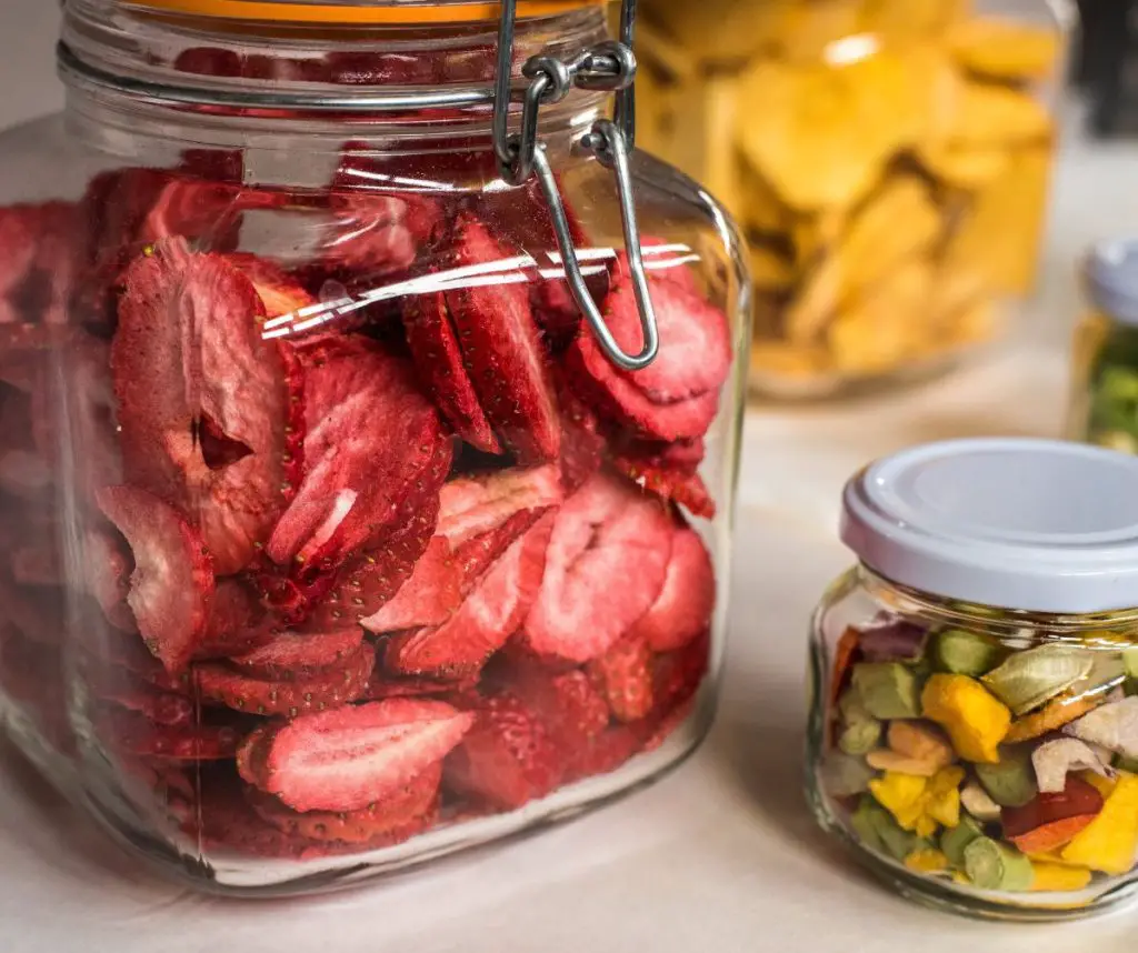Dehydrated foods stored in airtight containers.